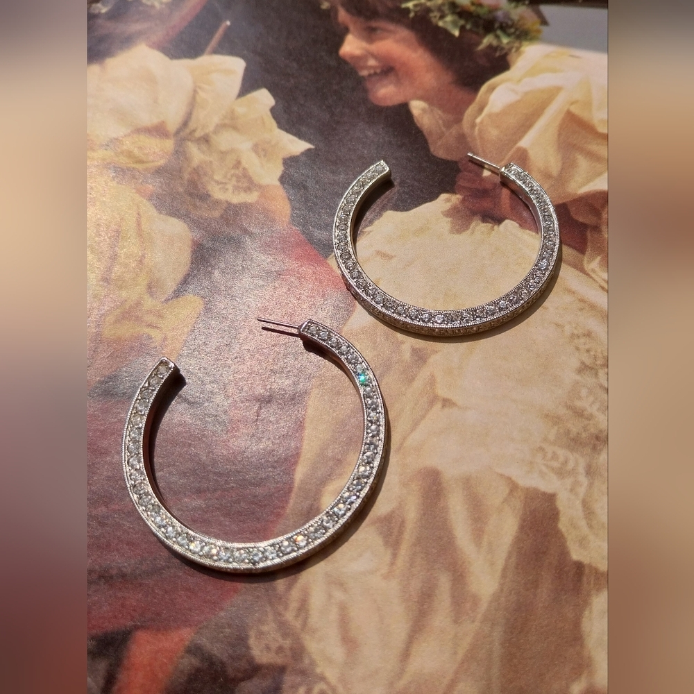 Vintage Kenneth Lane Sparkling Silver Crystal Hoop Earrings - Picture 3 of 16